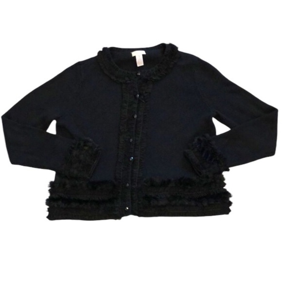 Chicos Womens Button Up Cardigan Sz M Black Fur Trim Ruffle Granny core Goth - Picture 1 of 7